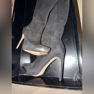 RACHEL Rachel Roy Black Heeled Boots with Silver Accents